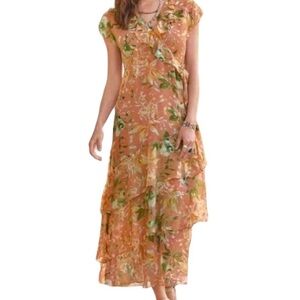 SUNDANCE VICTORY GARDEN MAXI DRESS 100% SILK RUFFLED TIERED FLORAL FLOUNCE 16